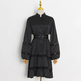 Green Fairycore Dress A- line Dress Autumn Small Stand Collar Single-Breasted Hollow out Stitching Lantern Sleeve Dress
