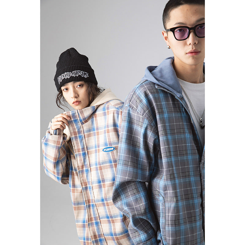 Men's Spring plus Size Retro Sports Trendy Coat Plaid Stitching Contrast Color Hooded Jacket Men's Jacket