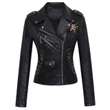 Women Leather Jacket with Patches Leather Coat Female Suit Collar Embroidery Rivet Waist Trimming Short Pu Coat