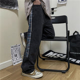 Harajuku Clothing Men Classic Retro Pants Straight Leg Pant Summer Vintage Straight-Leg Pants Jeans Plaid Stitching