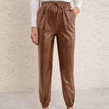 Leather Leggings Loose Casual Biker Leather Trousers Elastic Waist PU Leather Ankle-Tied Leather Pants