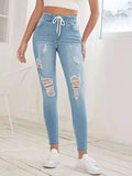 Low Rise Jeans Elastic Waist Jeans Women's High Waist Lace up Slim Fit Stretch Feet Pants Hip Lifting Denim Trousers