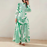 Green Fairycore Dress Pastoral Style Green Dress Autumn Small Stand Collar Single-Breasted Printing and Dyeing High Waist Big Swing Dress