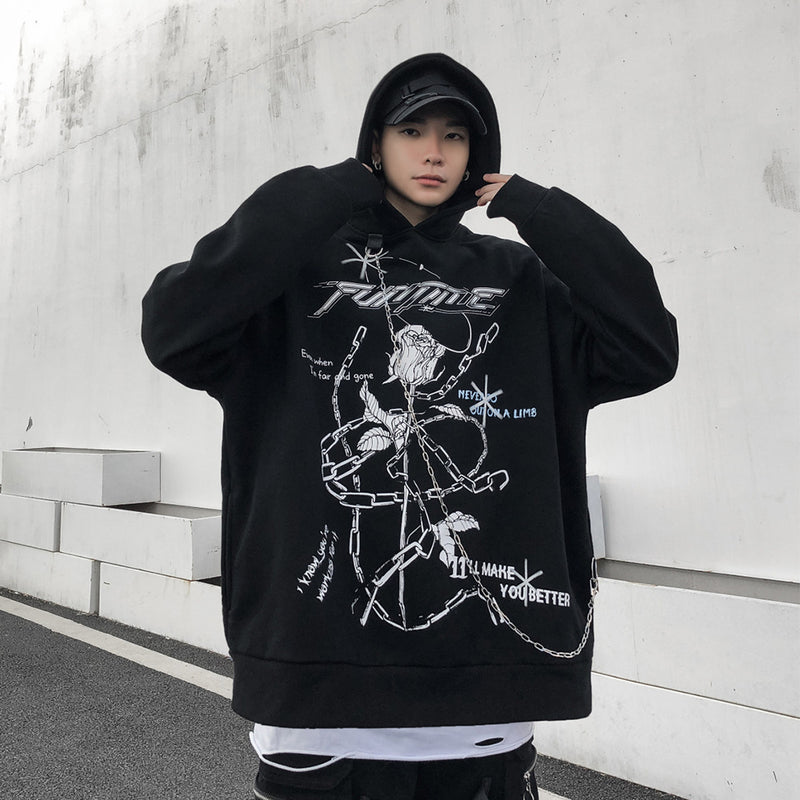 Rose Print Velvet Padded Hooded Sweatshirt Men's plus Size Loose Pullover Fleece Lined Sweatshirt Men Thermal Hoodie