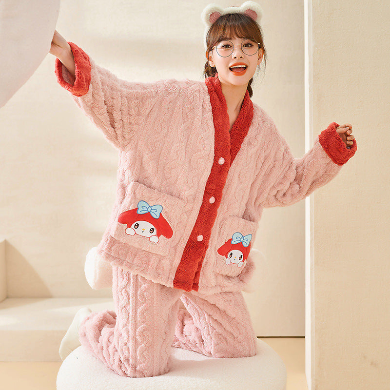 Kuromi Pajama Set Autumn and Winter Thickened Fleece Warm Cartoon Cardigan Sweet Home Wear Suit
