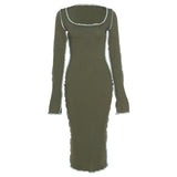 Green Fairycore Dress Fall Fashion Women's Wear round Neck Long Sleeve Narrow Slim Fit Slimming Dress