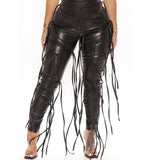 Faux Leather Pants Autumn and Winter Trousers Multi-Band Casual Lace up PU Leather Pants