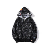 A Ape Print Jacket Shark Head Luminous Starry Sky Double Hood Sweater Men and Women Zipper Fleece Padded Coat