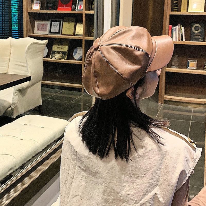 Beret Hat PU Leather Octagonal Cap Children Autumn British