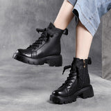 Coachella Cowboy Boots Vintage Low-Cut Lace Up Chunky Heel Autumn and Winter Leather Ankle Boots