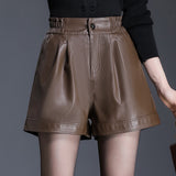 Leather Shorts Fall/Winter Elastic High Waist Slimming A- line Wide Leg Pants PU Leather Shorts