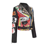 Graffiti PU Leather Jacket Slim-Fit Graffiti Pu Punk Printed Motorcycle Contrast Color Heavy Industry Jacket Short Leather Coat