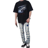 Present Letter Print T Shirt Shark Vintage Print Washed Half-Sleeved Loose Crew Neck Casual Couple Short Sleeve T-shirt