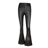 Black Leather Pants PU Leather Pants Autumn and Winter Black High Waist Brushed Bottom Imitation Leather Pants Wide Leg Pants Bell-Bottom Pants