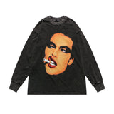 Mens Fall Outfits Punk Retro Flame Love Long Sleeve T-shirt Hip Hop Distressed Loose Oversize Sweater