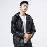 80's Leather Jacket Men's Autumn Coat Young Men's Fleece-Lined Fall Winter Hooded Leather Jacket