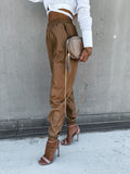 Leather Leggings Fall/Winter Mid Waist with Pockets Casual Long Leather Pants Women