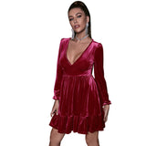 Green Fairycore Dress Dark Green Deep V-neck Puff Sleeve Velvet Ruffled Dress