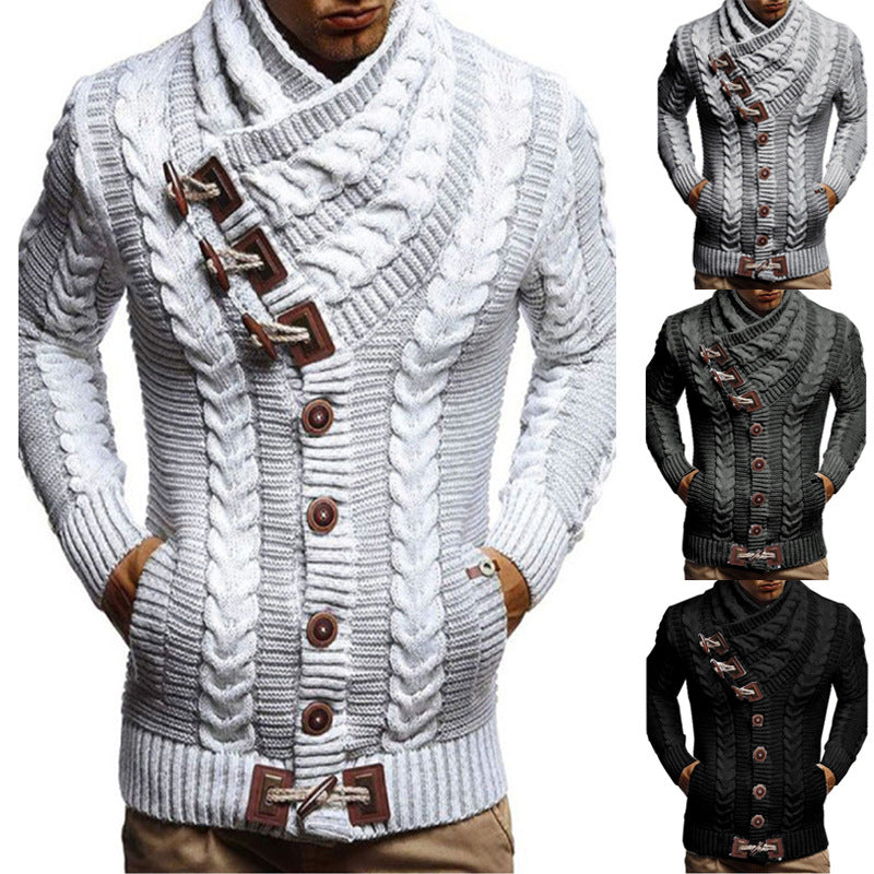 Men's Turtleneck Buttons Horn Button Leather Ring Knitted Cardigan Sweater