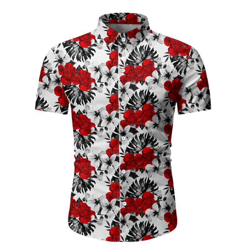 Men's Slim Print Short Sleeve Flower Fashion Casual plus Size Retro Sports Men Shirt