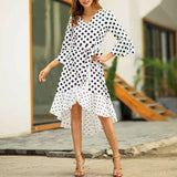 Red Peasant Dress Spring/Summer Polka Dot Patchwork Ruffled V-neck Dress