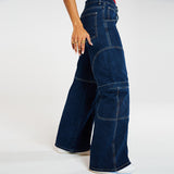 Low Rise Jeans Autumn and Winter Large Pocket Loose Wide Leg Pants Jeans for Women