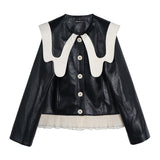 Urban Leather Jacket Girls Contrast Color Single-Breasted Loose Leather Jacket