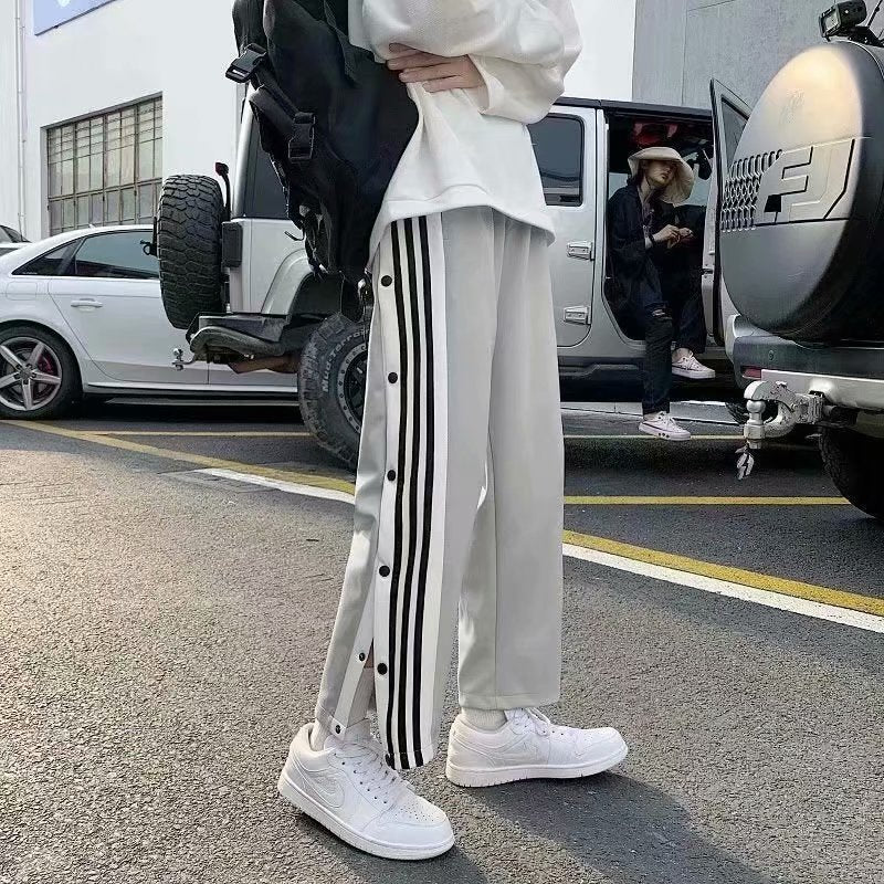 Men Pants Wide Leg Pants Straight Side Button Pants