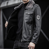 Urban Leather Jacket Men's Fur PU Leather Jacket Motorcycle Lapel Men's Thick Leather Coat