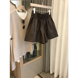 Leather Shorts French High Waist Bud PU Leather Shorts A- line Wide Leg Cropped Pants