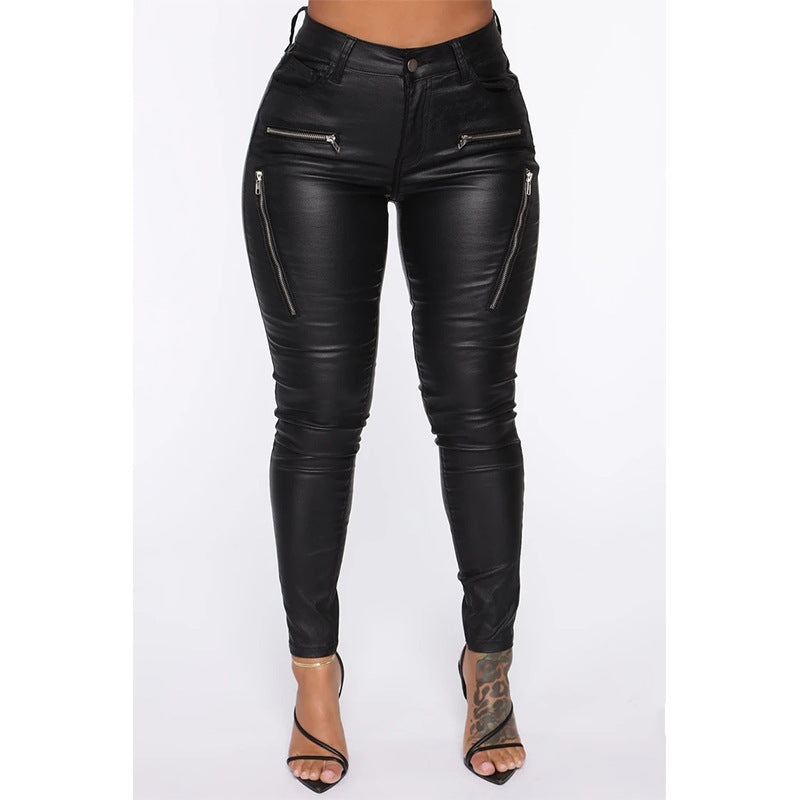 Black Leather Pants Tight Casual Belt Pocket Skinny Pants Women's Zipper Mid Waist Leather Pants