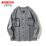 Mens Fall Outfits Spring and Autumn Washed Distressed Workwear Jacket Loose All-Matching V-neck Shirt Coat