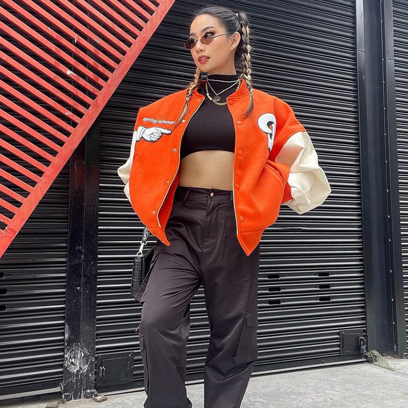 Cheerleader Letterman Jacket Letter Print Loose Single-Breasted Baseball Uniform