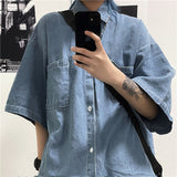 Harajuku Clothing Men's Casual Shirts Summer Denim Shirt Top Short Sleeve Loose Shirt for Men and Women