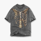 Present Letter Print T Shirt Present Skeleton Print High Street Retro Washed Distressed Vintage Casual Loose Couple Short Sleeve T-shirt