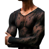 Rave Outfits Men Long Sleeve Shirt Printed Top Plaid Embroidery See-through Sexy Slim Long Sleeve
