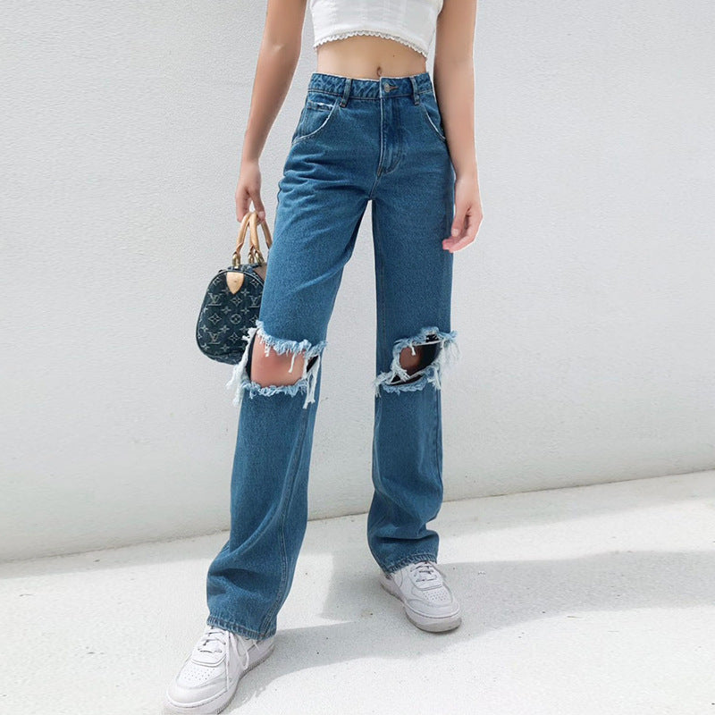 100 Cotton Jeans Women's High Waist Loose Hole Wide Leg Women's Jeans