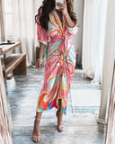 Red Peasant Dress Summer Long-Sleeve V-neck Buttons Printed Dress Long Dress Women's Dress