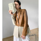 Two Tone Leather Jacket Vintage Contrast Color Twill Loose Profile Stitching Leather Coat Women