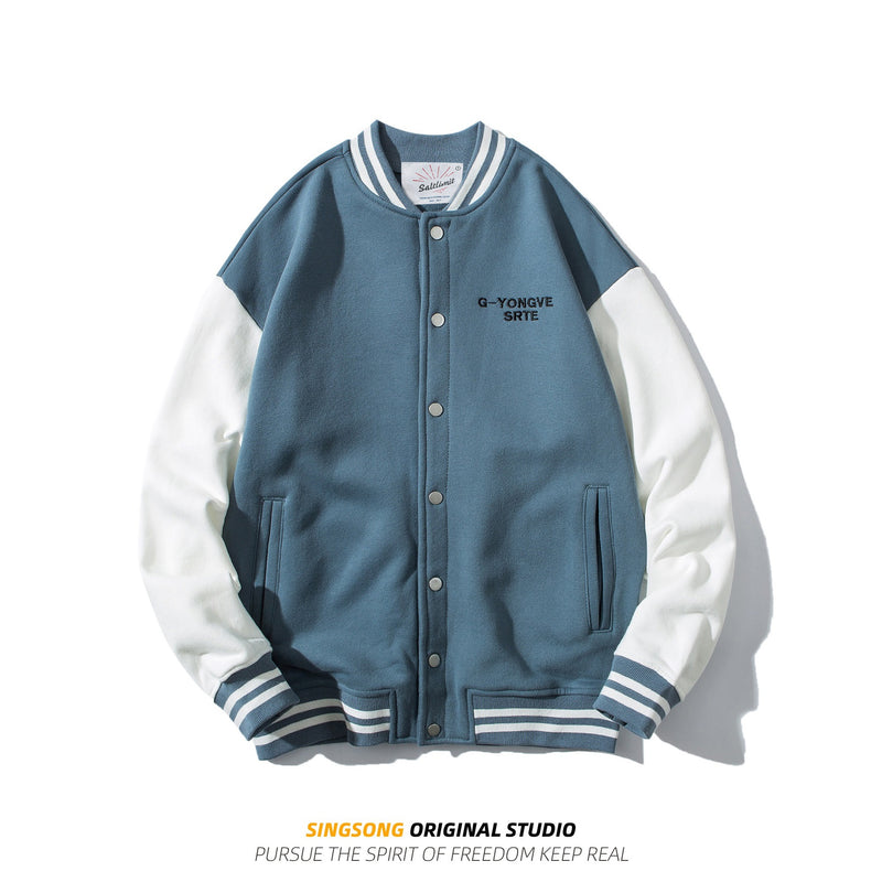 Varsity Jacket for Men Baseball Jackets Men Spring and Autumn All-Match Stitching Contrast Color Stand-up Collar Baseball Uniform Knitted Loose Sports Jacket