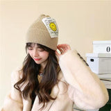 Women Beanies Smiling Face Big Patch Hat Beanie Hat Skullcap Female Autumn and Winter Thermal Knitting Woolen Cap