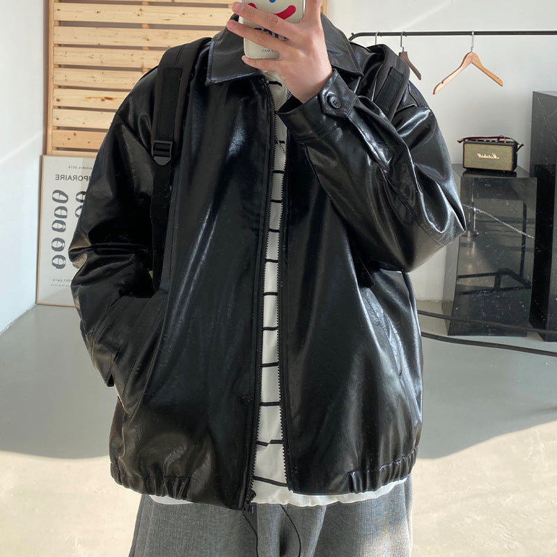 80's Leather Jacket Men's Leather Coat Spring and Autumn Retro Biker's Casual Flight Jacket