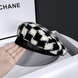 Beret Hat Women's Autumn and Winter Wool Knitted Beret Japanese Houndstooth Painter Hat