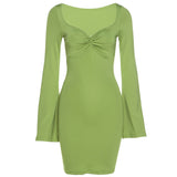 Green Fairycore Dress Fall Fashion Flared Sleeves Square Collar Sexy Low-Cut Slim Fit Sheath Dress for Women