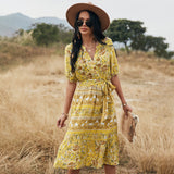 Russian Style Dress Bohemian V-neck A- line Dress Summer Leisure Vacation Style
