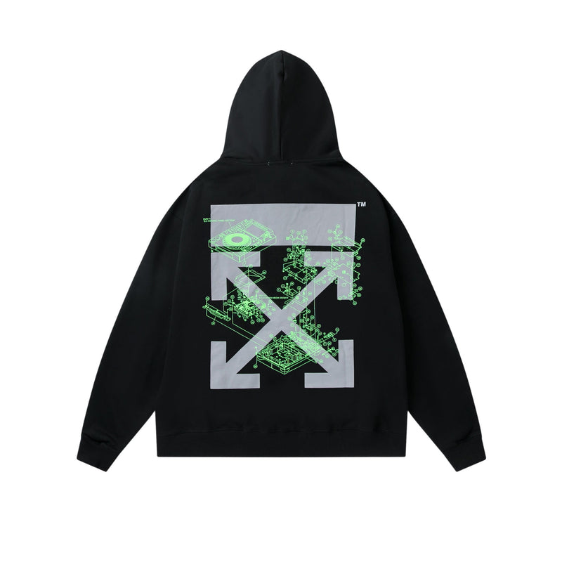 Autumn And Winter Fluorescent Green Luminous Machinery Drawing Elements Hooded Sweater For Men And Women