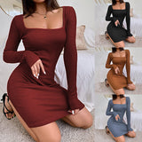 Valentine's Day Outfits 2021wish Amazon Autumn and Winter New Women's Clothing Fashion Square Collar Long Sleeve Dress Solid Color Casual Short Skirt for Women