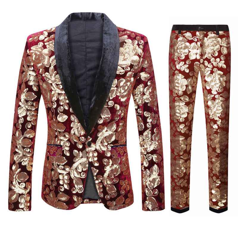 Mens Prom Suits Burgundy Velvet Sequins