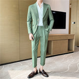 Men Suit Double Buckle Cropped Pants Two-Piece Set