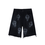 Men Jean Shorts Printed Raw Edge Denim Shorts Men's Loose Fifth Pants Summer Casual Straight-Leg Middle Pants